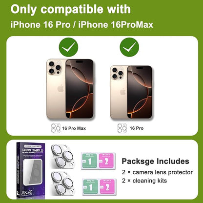 2-Pack Shatterproof Camera Lens Protector for iPhone 16 Pro/16 Pro Max |AR Tempered Glass Strong Adsorption Metal Camera Cover Screen(Silvery)
