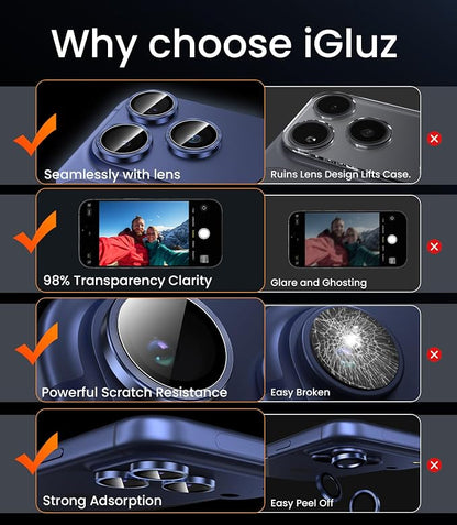iGluz 2 Pack Anti-Reflection Camera Lens Protector for iPhone 17 Pro Max/iPhone 17 Pro [98% Transmittance][1-Step Installation][Strong Adsorption] 9H Shatterproof Tempered Glass-Blue Titanium
