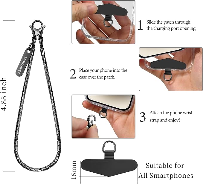 MOUTAKEY Phone Wrist Strap Metal Phone Chain Wristlet Strap Detachable iPhone Lanyard Wrist with 2 Tether Tabs iPhone Charm strap For Women girls Shopping Traveling Party Walking
