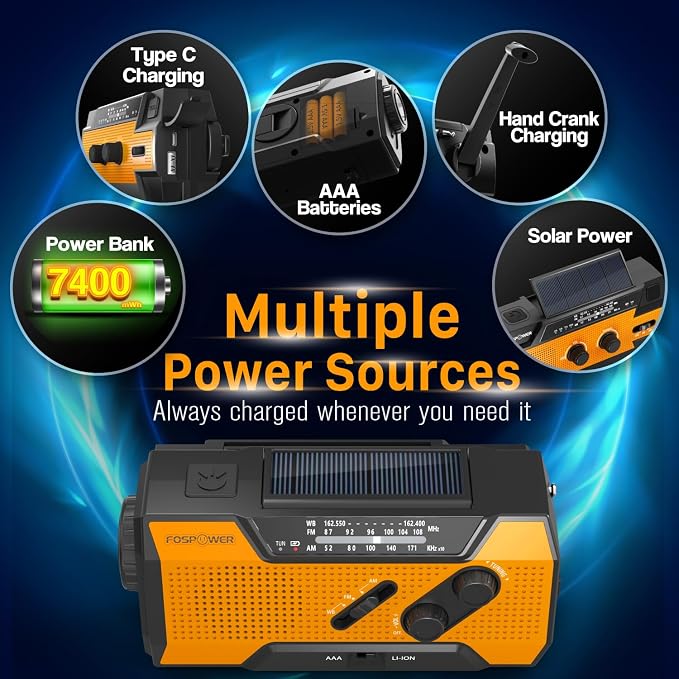 FosPower NOAA Emergency Weather Radio A1 7400mWh Portable Power Bank, AM/FM, USB/Solar/Hand Crank Charging, Battery Operated, SOS Alarm & Flashlight for Indoor/Outdoor Emergency - Orange