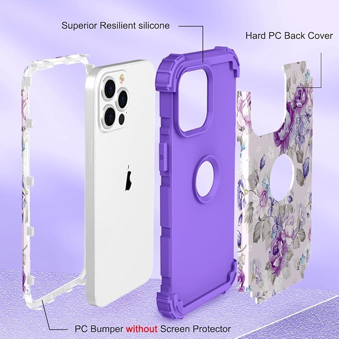 Hocase for iPhone 13 Pro Case, Heavy Duty Shockproof Protection Soft Silicone Rubber+Hard Plastic Bumpers Hybrid Protective Case for iPhone 13 Pro 6.1" 2021 - Lavender Flowers