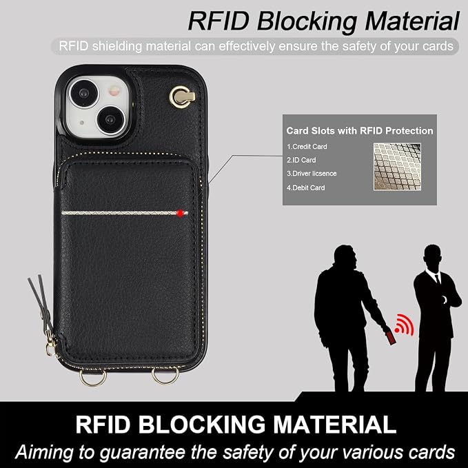 Bocasal Crossbody Wallet Case for iPhone 15, RFID Blocking Leather Purse Case with Card Holder, Protective Handbag Flip Cover with Zipper Wrist Strap Lanyard for Women 5G 6.1 Inch (Black)