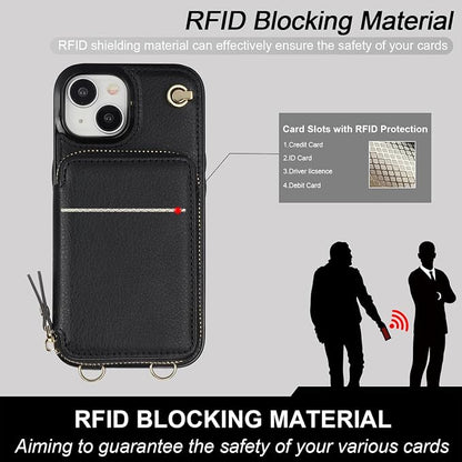 Bocasal Crossbody Wallet Case for iPhone 15, RFID Blocking Leather Purse Case with Card Holder, Protective Handbag Flip Cover with Zipper Wrist Strap Lanyard for Women 5G 6.1 Inch (Black)