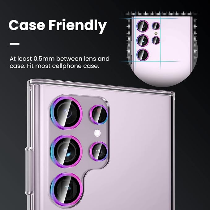 Tensea (3+2PCS for Samsung Galaxy S23 Ultra 5G Camera Lens Protector, 9H Tempered Glass Camera Cover Screen Protector Metal Individual Ring [Installation Tray][Removal tool][Case Friendly]- Colorful