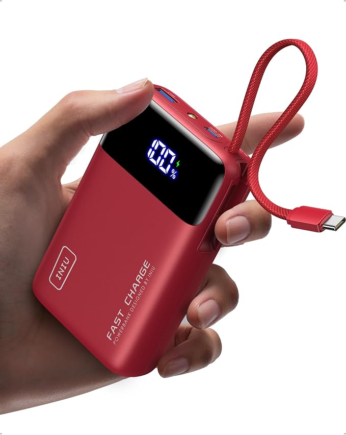 INIU Portable Charger, Compact 20000mAh Power Bank with Build in USB-C Cable, 45W Fast Charging Mini Powerbank, Flight Cruise Ship Travel Essentials Phone Charger for College Student Boys Girls, Red