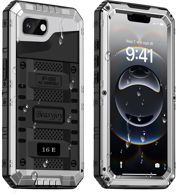 Beasyjoy for iPhone 16e Case/iPhone 17e Case Waterproof, Metal Heavy Duty Full Body Protective Case with Built-in Screen Protector, Military Grade Shockproof Cover for iPhone 16e/17e 6.1", Silver