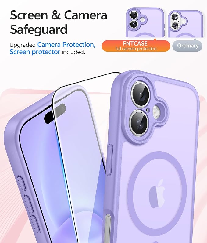 FNTCASE for iPhone 16 Case: [Compatible with Magsafe] Translucent Matte Cases with [Full Camera Protection] [Screen Protector] Military Grade Shockproof Protective Phone Cover - Light Purple