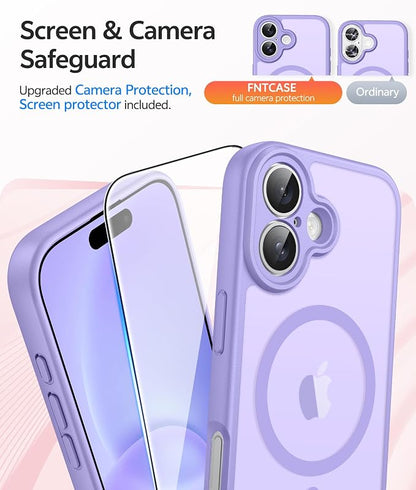 FNTCASE for iPhone 16 Case: [Compatible with Magsafe] Translucent Matte Cases with [Full Camera Protection] [Screen Protector] Military Grade Shockproof Protective Phone Cover - Light Purple
