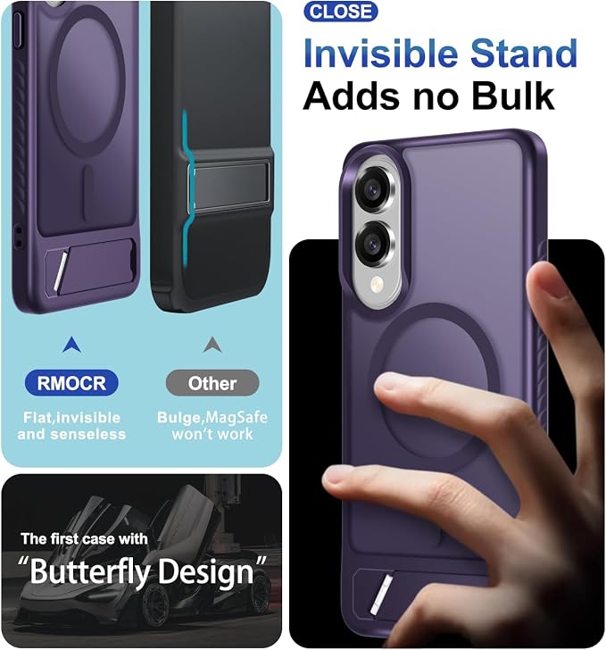 RMOCR for Samsung Galaxy S25 Edge Case with Screen Protector+Lanyard Wrist Strap,Magnetic Translucent Matte Rugged Slim Phone Cover Built in Invisible Kickstand [Fit for MagSafe],2025 Purple