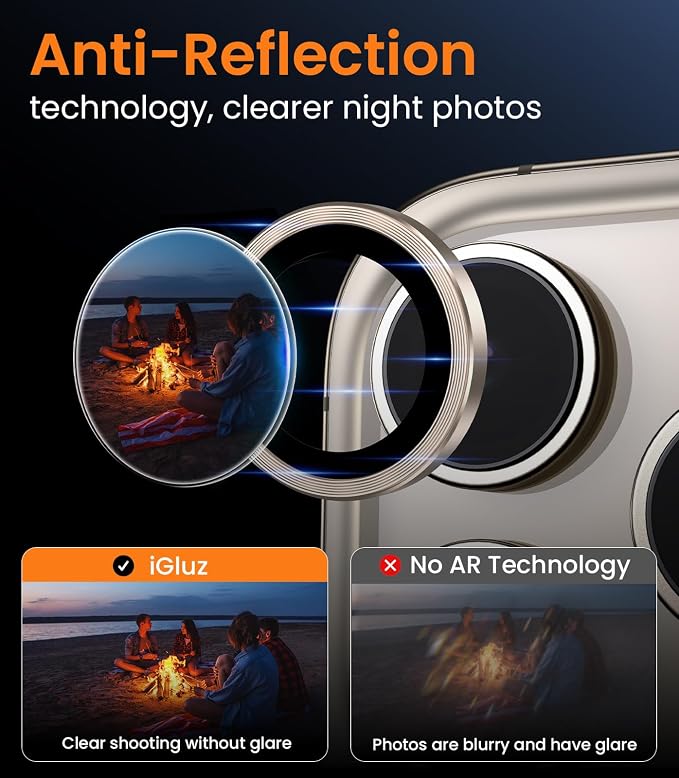 iGluz 2 Pack Anti-Reflection Camera Lens Protector for iPhone 16 Pro/iPhone 16 Pro Max [98% Transmittance][1-Step Installation Tray][Strong Adsorption] 9H Shatterproof Tempered Glass-Natural Titanium