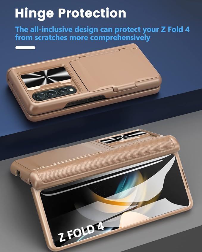 Viaotaily for Z Fold 4 Case with Card Slot Holder & Hinge Protection & Slide Camera Lens Cover & Screen Protector, Shockproof Protective Phone Case for Z Fold 4 5G 2022 (Rose Gold)