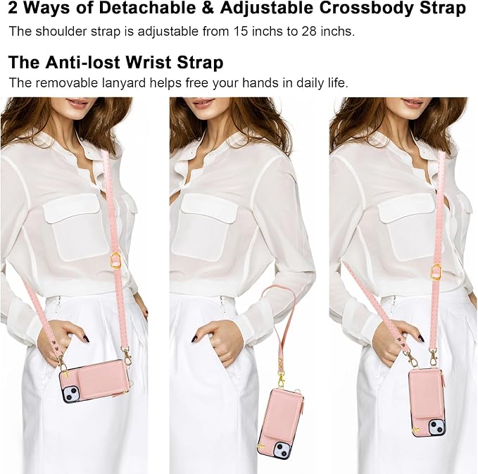 KIHUWEY Crossbody Wallet Case for iPhone 13 iPhone 14, Zipper Pocket Case with Card Holder, PU Leather RFID Protective Cover Case with Kickstand Detachable Wrist Strap Lanyard 6.1" (Rose Gold)