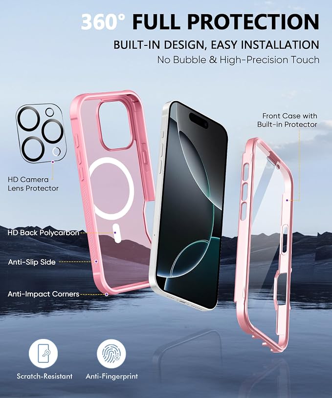 Compatible with iPhone 16 Pro Max Case, Built-in Screen Protector, with Camera Lens Protector, [Compatible with MagSafe] Matte Back Full Body Phone Case, Protective Cover for 6.9 Inch (Pink)