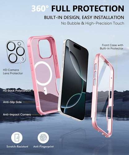 Compatible with iPhone 16 Pro Max Case, Built-in Screen Protector, with Camera Lens Protector, [Compatible with MagSafe] Matte Back Full Body Phone Case, Protective Cover for 6.9 Inch (Pink)