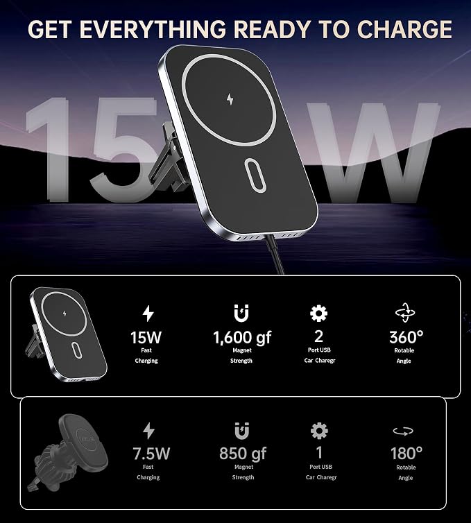 for MagSafe Car Mount Charger with Adapter, 360° Rotation Magnetic Wireless iPhone Car Charger for Air Vent, Compatible with iPhone 17/16/15/14/13/12 Series, Gifts for Husband/Men