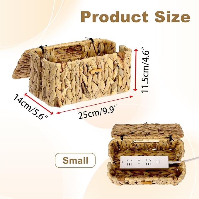 BTSKY Woven Cable Management Box with Lid, Water Hyacinth Cord Organizer for Desk, Cable Organizer Box with 2-Open Slots to Hide Power Strips USB Hubs for Home & Office, Pet Proofing Cord Basket, S