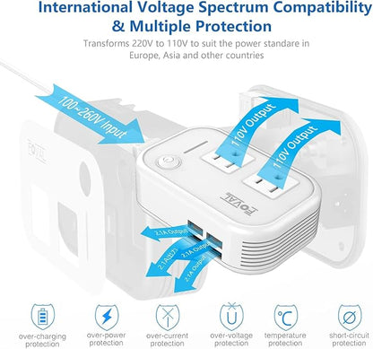 FOVAL Power Step Down 220V to 110V Travel Voltage Converter International Power Adapter for Hair Straightener/Curling Iron with 4-Port USB Charging US/UK/AU/EU Universal Plug Adapter (White)