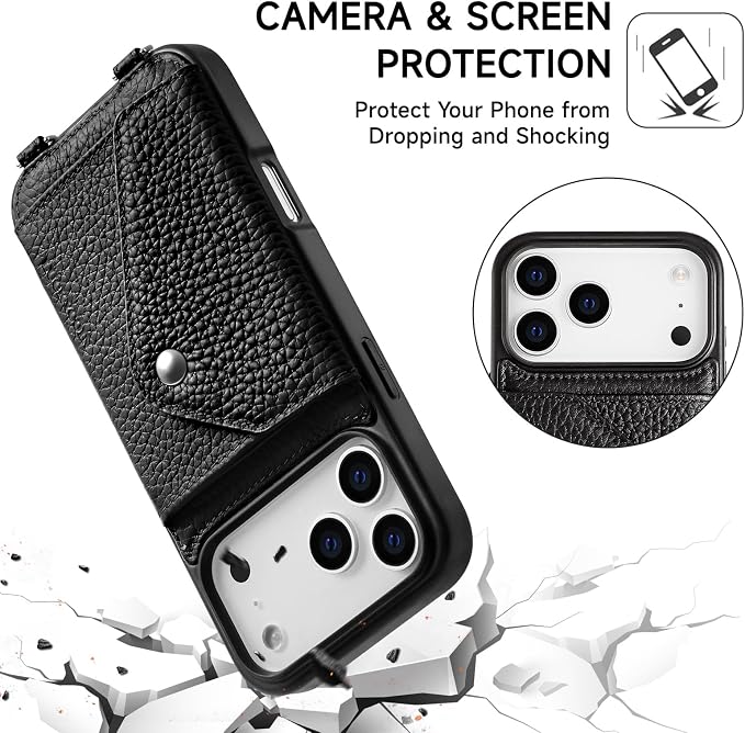 LUCKYCOIN for iPhone 17 Pro Max Crossbody Wallet Case – Genuine Leather Phone Purse with Adjustable Strap and Card Holder,Lanyard Phone Purse Case for Women,Pebble Grain Black