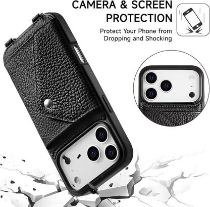 LUCKYCOIN for iPhone 17 Pro Max Crossbody Wallet Case – Genuine Leather Phone Purse with Adjustable Strap and Card Holder,Lanyard Phone Purse Case for Women,Pebble Grain Black