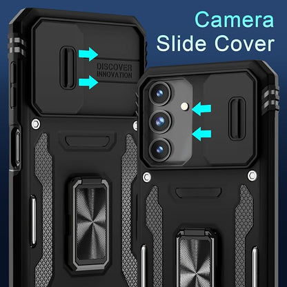 DEERLAMN Case for Samsung Galaxy A15 5G with Slide Camera Cover+Screen Protector (1 Pack), Rotated Ring Kickstand Military Grade Shockproof Protective Cover-Black