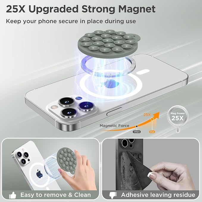 Magnetic Suction Cup Phone Mount with MagSafe, Silicone Hands-Free Grip Holder for iPhone Case and Android, Mirror Shower Phone Stand for Makeup FaceTime Gym Kitchen Bathroom, Calke Green