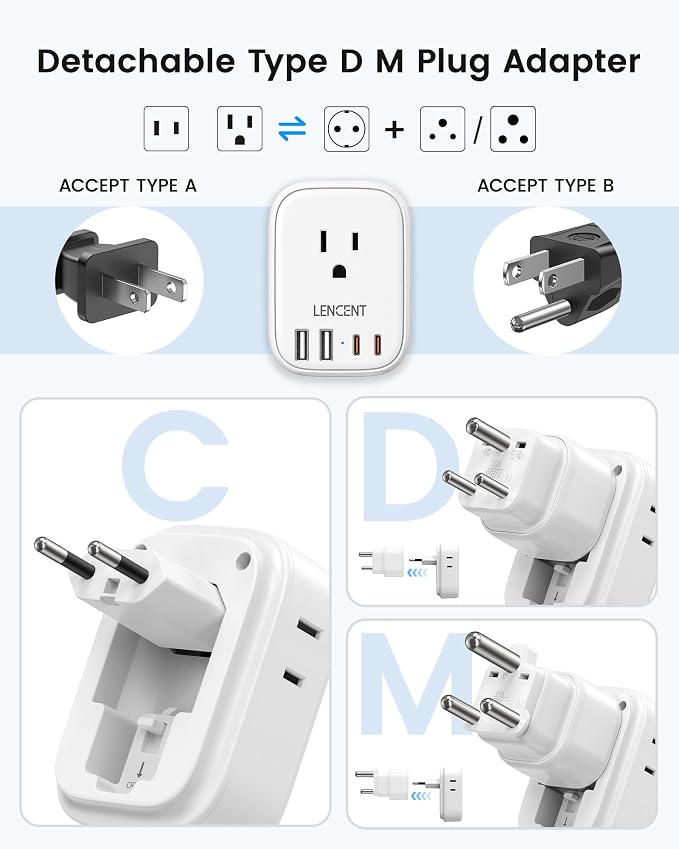 LENCENT Type C and Type D M Universal Travel Adapter Kit | with 4 Outlets 4 USB Ports(2 USB C), International Power Adapter Plug for Namibia India South Africa Europe Italy Spain Nepal
