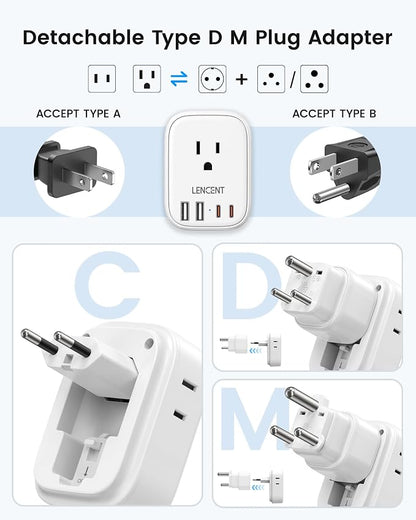 LENCENT Type C and Type D M Universal Travel Adapter Kit | with 4 Outlets 4 USB Ports(2 USB C), International Power Adapter Plug for Namibia India South Africa Europe Italy Spain Nepal