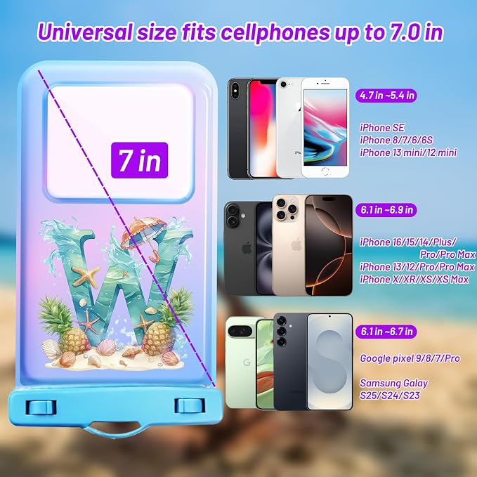 Personalized Initial Waterproof Phone Pouch Case - IPX8 Cellphone Dry Bag with Lanyard for iPhone 16/15/14/13/12 Pro Max (6.1–6.9"), Beach & Cruise Ship Essentials with Monogrammed Design (Blue, W)