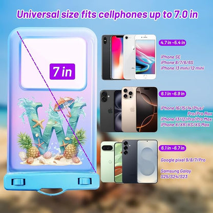 Personalized Initial Waterproof Phone Pouch Case - IPX8 Cellphone Dry Bag with Lanyard for iPhone 16/15/14/13/12 Pro Max (6.1–6.9"), Beach & Cruise Ship Essentials with Monogrammed Design (Blue, W)