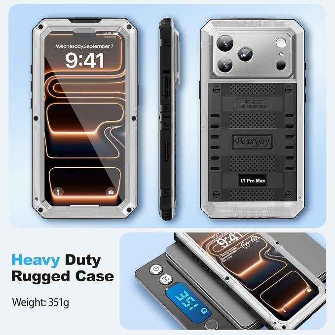 Beasyjoy for iPhone 17 Pro Max Case Waterproof, Heavy Duty Metal Case with Built-in Screen Protector, Full Body Rugged Military Grade Shockproof Dustproof Cover for Construction Outdoor 6.9", Silver
