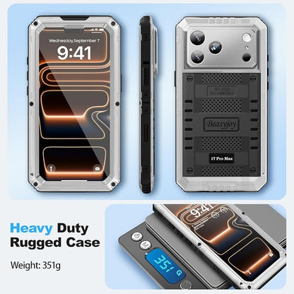 Beasyjoy for iPhone 17 Pro Max Case Waterproof, Heavy Duty Metal Case with Built-in Screen Protector, Full Body Rugged Military Grade Shockproof Dustproof Cover for Construction Outdoor 6.9", Silver
