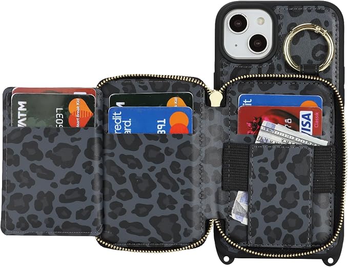 Crossbody Wallet Case for iPhone 14 Plus, PU Leather Zipper Handbag Purse Flip Cover, Kickstand Folio Case with Card Slots Holder Wrist Strap Lanyard 5G 6.7 Inch-Black Leopard
