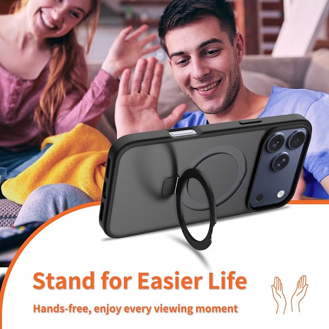Ultra-Magnetic Stand for iPhone 17 Pro Max Case [Military Drop Protection] [Compatible with MagSafe] Shockproof Translucent Matte Slim Ring Holder Case for iPhone 17 Pro Max (Black)
