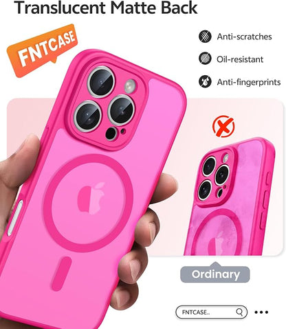 FNTCASE for iPhone 16 Pro Max Case: [Compatible with Magsafe] Translucent Matte Cases with [Full Camera Protection] [Screen Protector] Military Grade Shockproof Protective Phone Cover - Hot Pink