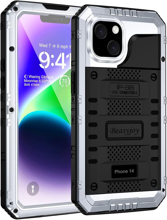 Beasyjoy for iPhone 14 Case Waterproof, Metal Heavy Duty Full Body Protective Case with Built-in Screen Protector, Military Grade Shockproof Dustproof Defender Rugged Cover 6.1 Inch, Silver