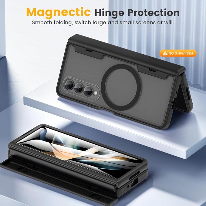 Caka Magnetic for Samsung Galaxy Z Fold 4 Case with Hinge Protection Black | Compatible with MagSafe, Built-in Outer Screen Protector, Hinge Guard, Translucent Matte Back, 360° Hybrid Drop Defense