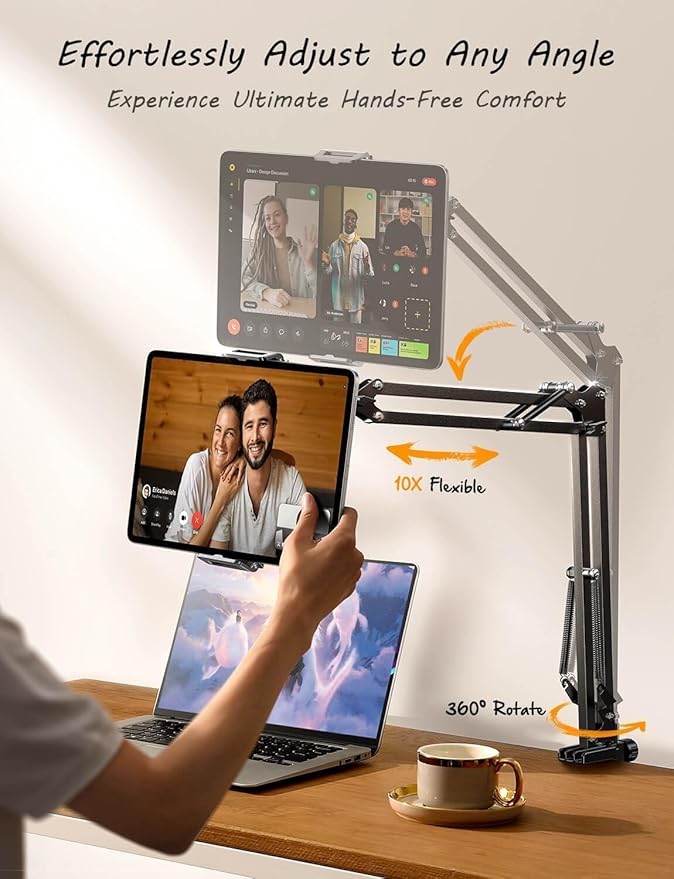 LISEN Tablet Stand iPad Stand for Desk Mount [Ultra Sturdy 2 Clamps] iPad Holder for Tablet Holder Mount Desk Accessories for Men fits iPad Air, iPad 12, iPhone 17e, 4-13" Device (Black)