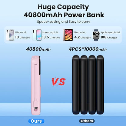Portable Charger Power Bank 40800mAh with Built-in Cables,25W Fast Phone Charging Portable Battery Pack,5 Outputs Travel Essentials Outdoor External Battery for iPhone 17/16,Galaxy Android etc-Pink