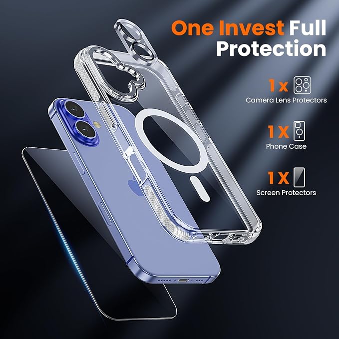 3 in 1 for iPhone 16 Case Clear with MagSafe, Yellowing-Resistant Acrylic Back, Shockproof Guard Corners, Military-Grade Protection for iPhone 16 Phone Case 6.1 inch Clear Bumper