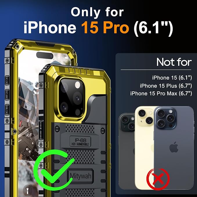 Mitywah Waterproof Case for iPhone 15 Pro, Heavy Duty Shockproof Case with Built-in Screen Protector, Full Body Underwater Protective Metal Case 6.1 inch, Yellow