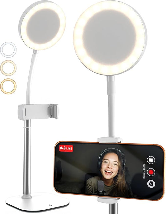Phone Stand for Recording with Light for Desk - ChatStand Halo 9-13" Adjustable, Portable Ring Light Tripod, iPhone Stand for Desk & Phone Holder for Video Recording, Filming, Zoom Calls (Frost White)