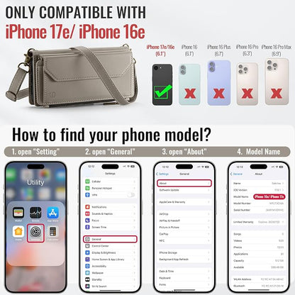 Strapurs Crossbody Wallet Case Compatible with iPhone 17e / iPhone 16e RFID Blocking 7-Card Holder PU Leather Magnetic Snap Shoulder Strap Zipper Pocket Phone Cases for iPhone 17e / 16e - Grey