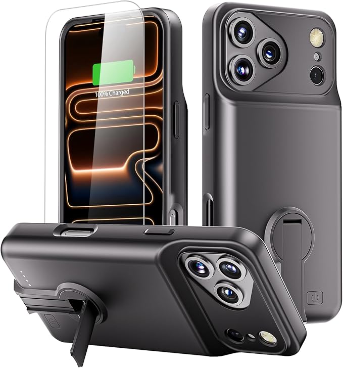 GIN FOXI for iPhone 17 Pro Max Battery Case with Stand, Charging Case Charger 8500mAh Ultra-Slim Lightweight Powerful Battery Pack 15W Fast Rechargeable Anti-Fall TPU Juice Box (6.9") Black