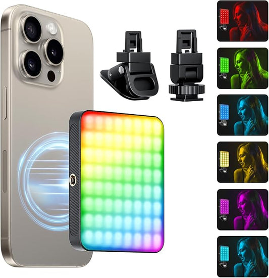 136 LED RGB Magnetic Selfie Light, gliship Portable 360° Full Color RGB Video Light Compatible with Magsafe Rechargeable Portable Clip Fill Light with 9 Lights Modes for Phone Camera Laptop Camera