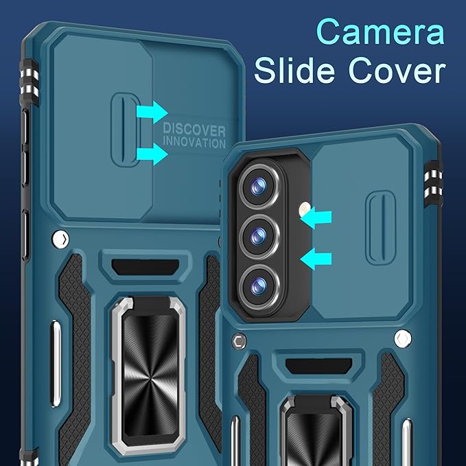 DEERLAMN Case for Samsung Galaxy A37 5G with Slide Camera Cover+Screen Protector (1 Pack), Rotated Ring Kickstand Military Grade Shockproof Protective Cover-Light Blue