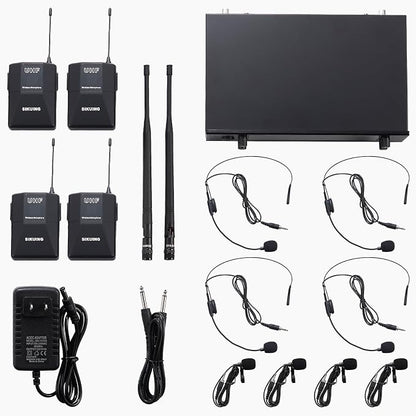 4 Channel UHF Wireless Microphone System with Lavalier Headset Mics, 4x50 Adjustable Frequencies, Ideal for Karaoke Meeting Church, 300ft Range (4 Bodypack)