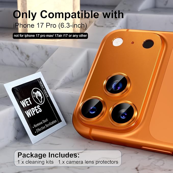 Choiche Compatible for iPhone 17 Pro Camera Lens Protector, Strong Adsorption Camera Cover with 9H Tempered Glass Lens Screen Protector Metal Ring Decoration Accessories 6.3-inch (Orange)