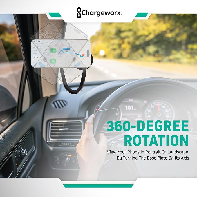 CHARGEWORX Magnetic Phone Stand Mount for Car Windshield – 14-Inch Flexible Gooseneck Holder with Strong Suction Cup & 360° Rotation, Magsafe iPhone & Android Compatible Car Holder Accessory