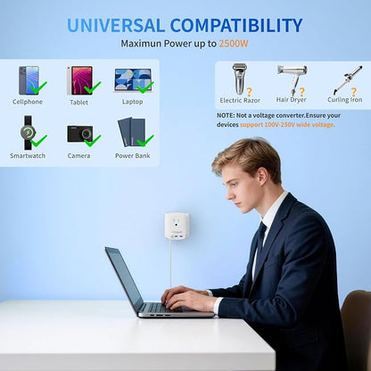 45W GaN Universal Travel Adapter, 7-in-1 2000W International Power Adapter with 3 USB-C(45W PD)/2 USB-A/2 AC, Worldwide Plug for EU,UK,China,AU - Cruise Essentials for Laptop,MacBook,iPad,Phone,Camera