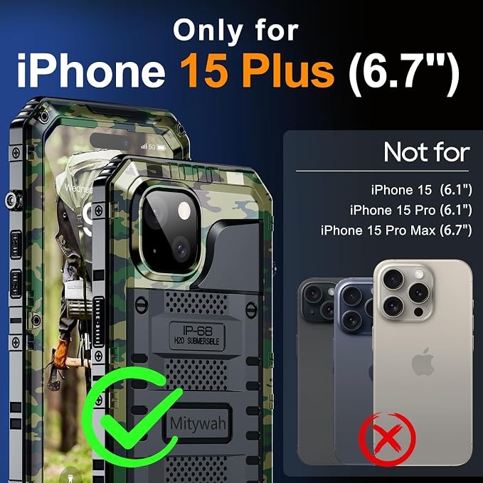 Mitywah Waterproof Case for iPhone 15 Plus, Heavy Duty Shockproof Case with Built-in Screen Protector, Full Body Underwater Protective Metal Case 6.1 inch, Camouflage